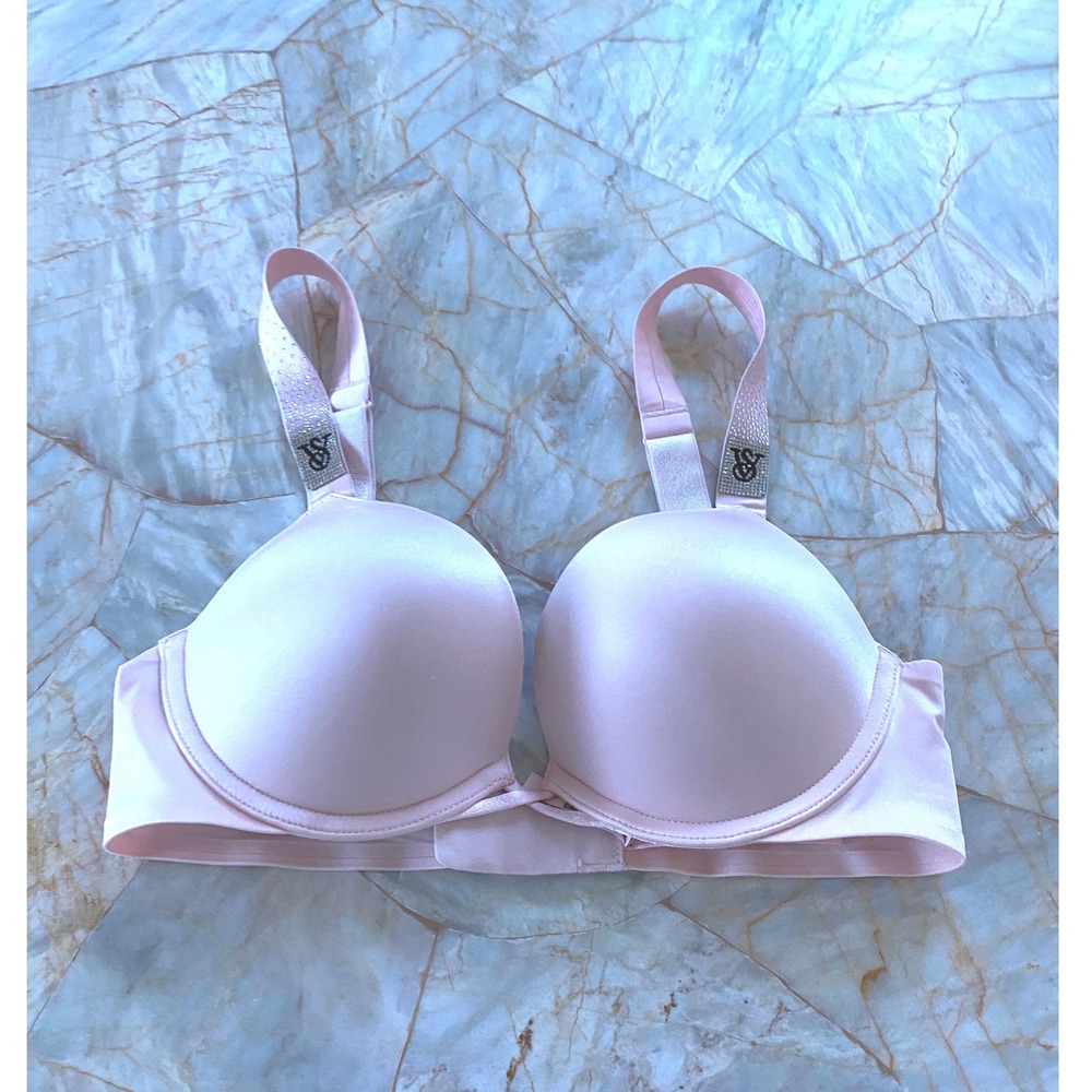 Victoria's Secret Shine Strap Push-Up Bra Pale Pink Rhinestone VS Logo 32B